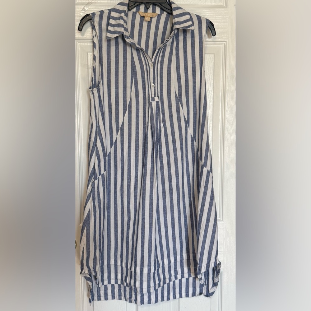 Hope & Harlow Linen Blend Ticking Stripe Sleeveless Shirt Dress Size 10